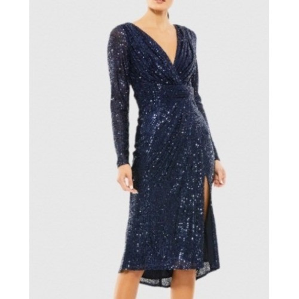 IEENA Mac Duggal Navy Blue Sequin Long Sleeve Midi Dress A26555 Size 2 NWT Glam